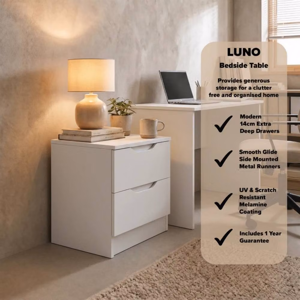 NESTLUNE Luno Matt White Bedside Table with Deep Drawers and Recessed Detail – 2
