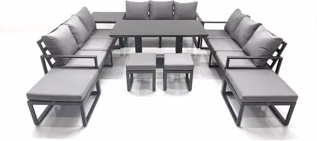 Fimous 13 Seater Aluminium Garden Sofa Set with Height Adjustable Dining Table, Side Table and 4 Footstools in Dark Grey