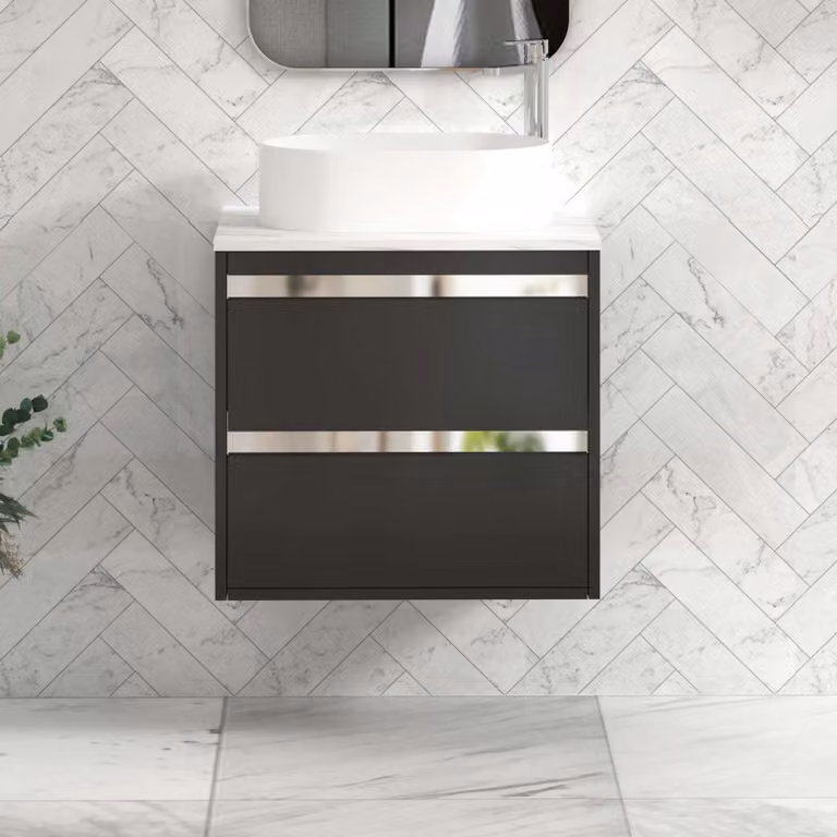 Royal Bathrooms Orion 600mm Matt Obsidian Black Wall Hung Countertop Vanity Unit with 2 Drawers, Peak Basin and Chrome Accent Trim
