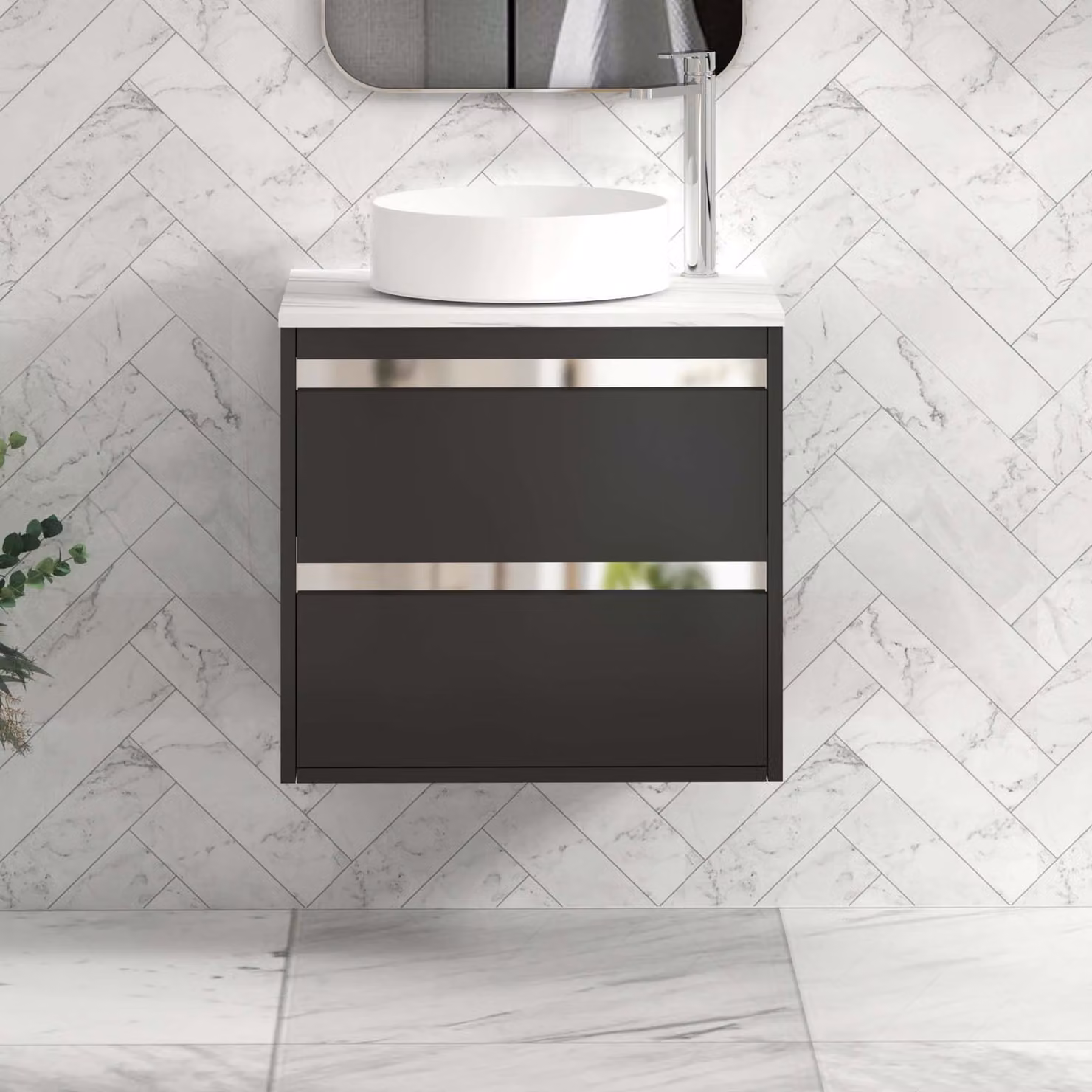 Royal Bathrooms Orion Wall Hung Countertop Vanity Unit in Matt Obsidian Black with 2 Drawers and Art Basin