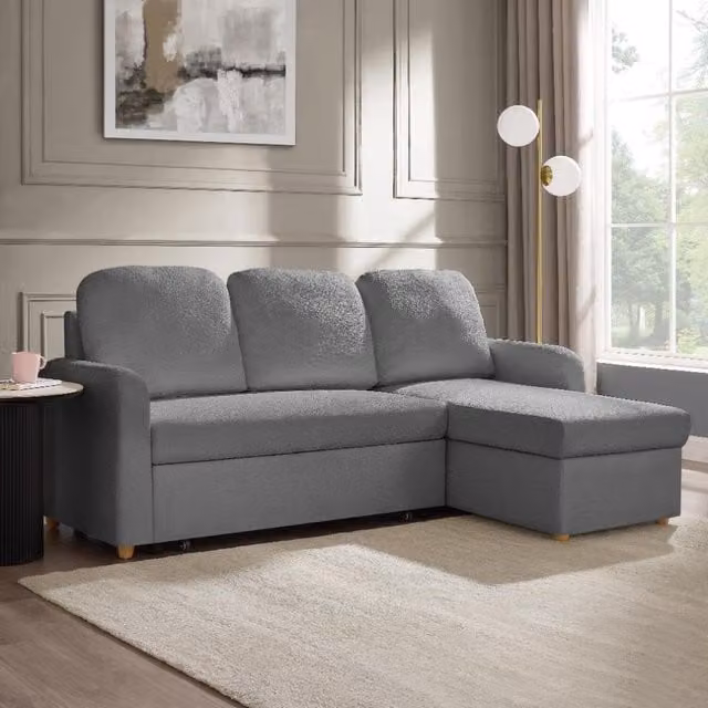 GRS Grey Reversible L-Shape Pull Out Sofa Bed with Bouclé Fabric Upholstery