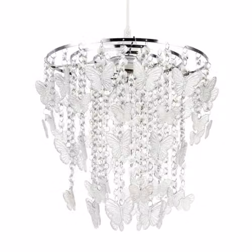 Happy Homewares Modern Butterfly Inspired Pendant Light Shade with Cascading Transparent Acrylic Strands in Chrome and Silver