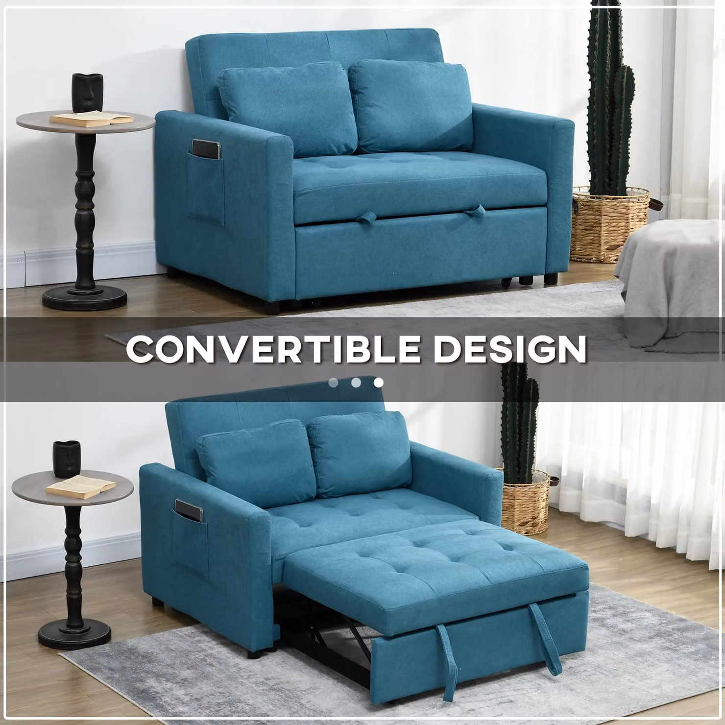 HOMCOM 2 Seater Blue Fabric Click Clack Sofa Bed with Scatter Cushions – 4