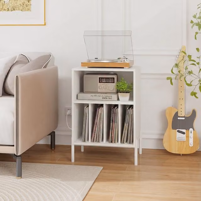 COSTWAY Modern White Metal Freestanding Vinyl Record Holder with Media Compartments
