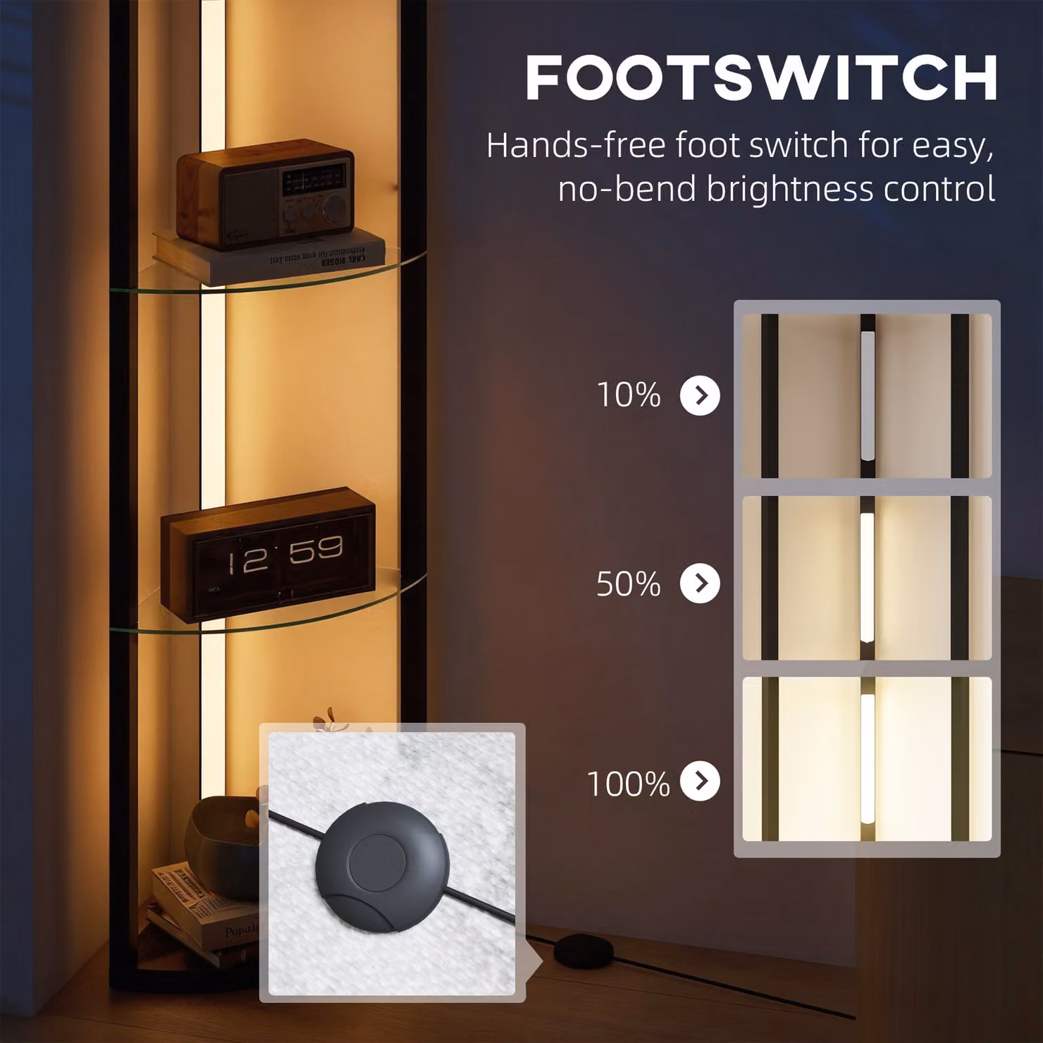 HOMCOM Dimmable LED Floor Lamp with Shelves and Foot Switch, Black – 5