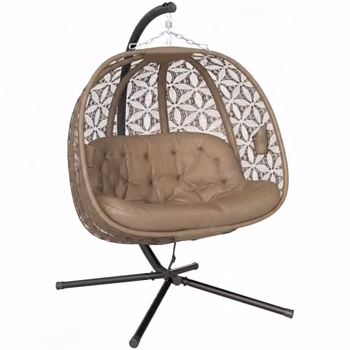 Outsunny Double Hanging Swing Chair with Metal Stand and Cup Holders in Sand Brown – 1