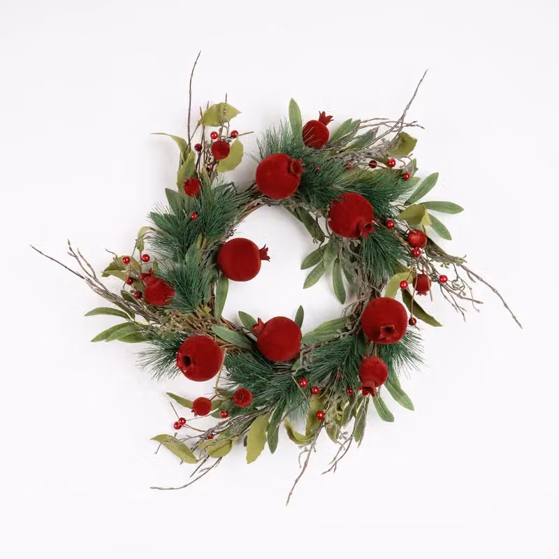 Scottish Everlastings Ltd Red and Green Pomegranate Wreath with Leaves and Flowers, Diameter: 45 cm – 2