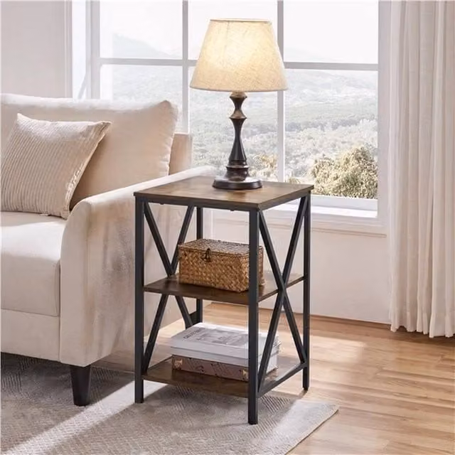EONLION Industrial 3-Tier Bedside Table in Brown, W/D/H: 39.5 x 30.0 x 62.0 cm