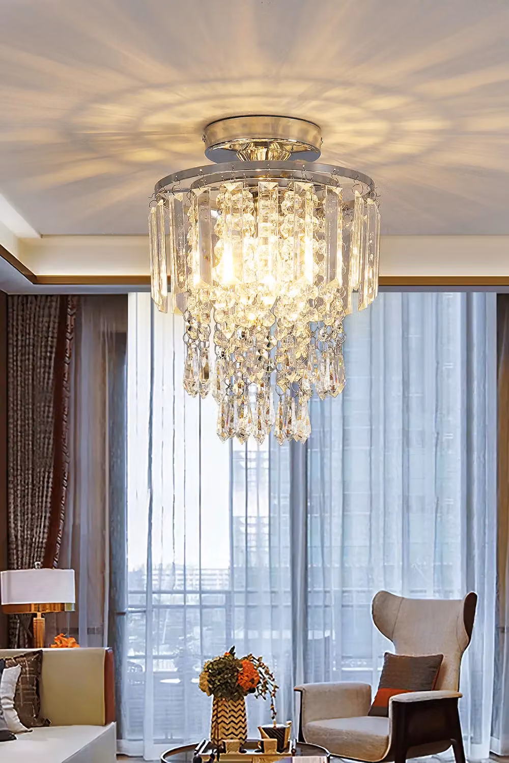 Living and Home Glamorous Crystal Cascade Ceiling Chandelier with Chrome and Silver Accents – 3
