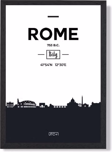 ARTZE Rome Black and White City Skyline Framed Print, A3