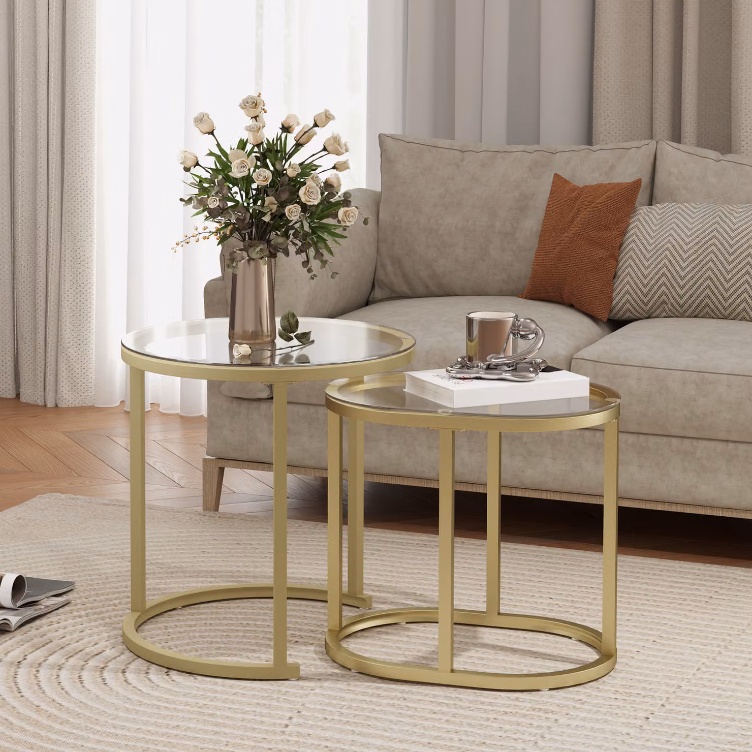 HOMCOM Modern Nest of 2 Round Coffee Tables with Gold Steel Frame and Clear Tempered Glass Tabletop – 2