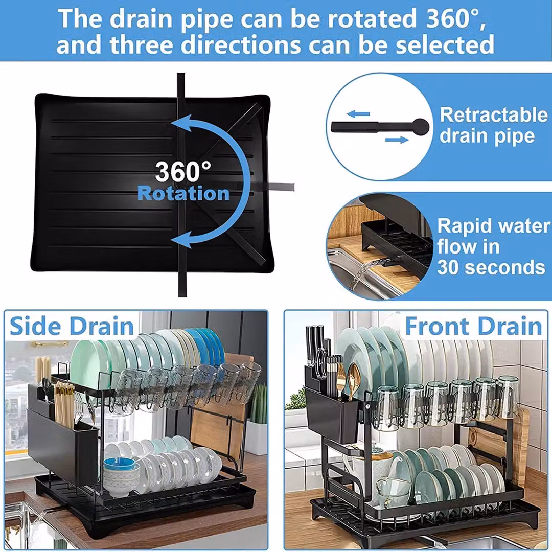 SPETLEK 2 Tier Kitchen Sink Dish Drainer Rack with Cutlery Holder, Black, W/D/H: 42 x 30 x 29 cm – 4