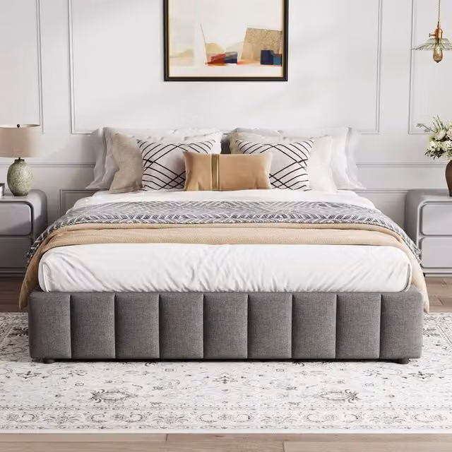Merax Double Hydraulic Storage Bed in Grey Linen with Lift Up Base, W/D/H: 140 x 200 cm – 1