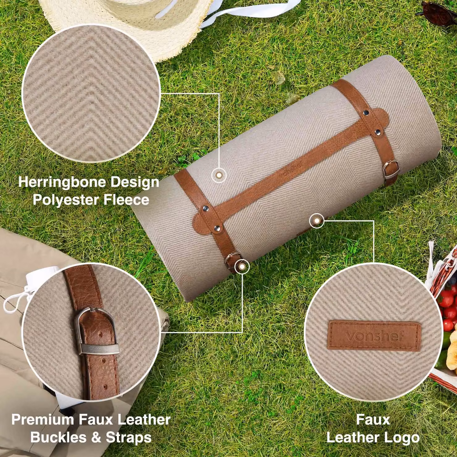 VonShef Herringbone Design Picnic Blanket in Beige and Silver, W/D/H: 200 x 300 cm – 2