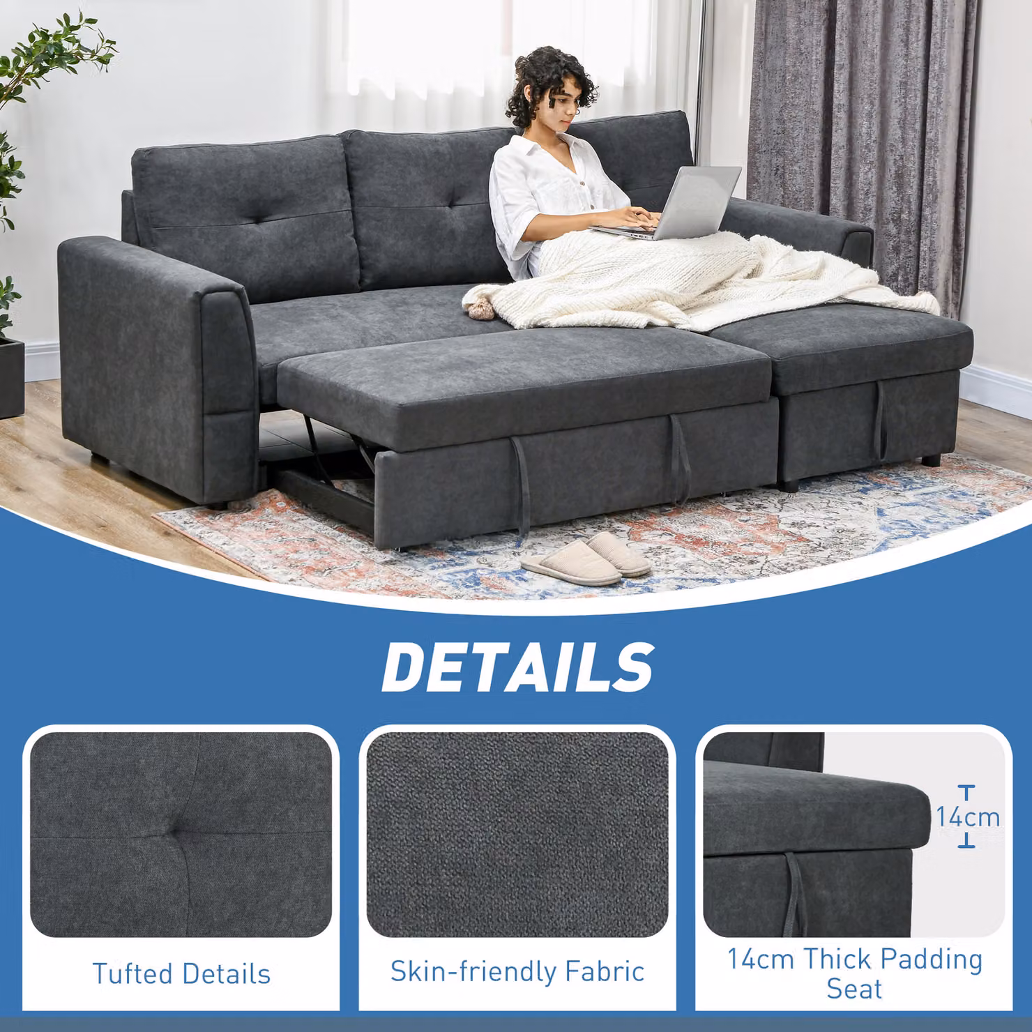 HOMCOM 3 Seater Corner Sofa Bed with Storage in Dark Grey – 6