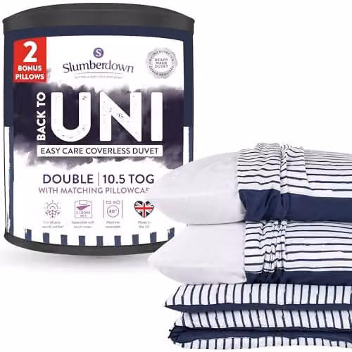 Slumberdown Back to Uni Double Bed Set, 10.5 Tog Navy Striped Coverless Duvet, 2 Pillows and 2 Pillowcases, Blue