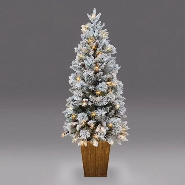 Shatchi Pre-Lit Potted Snow Flocked Christmas Tree with Pine Cones, Red Berries and Warm White LED Lights, Green, White and Red, Height: 152.4 cm – 1