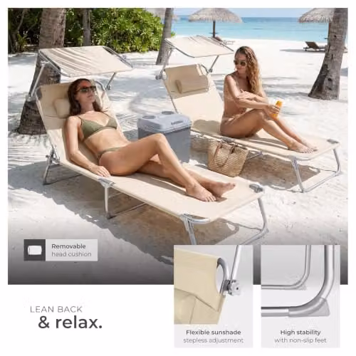 tectake Set of 2 Folding Sun Loungers in Beige with Sunshade, 4-Position Backrest and Head Cushions, H x W x D: 111 x 68 x 190 cm – 4