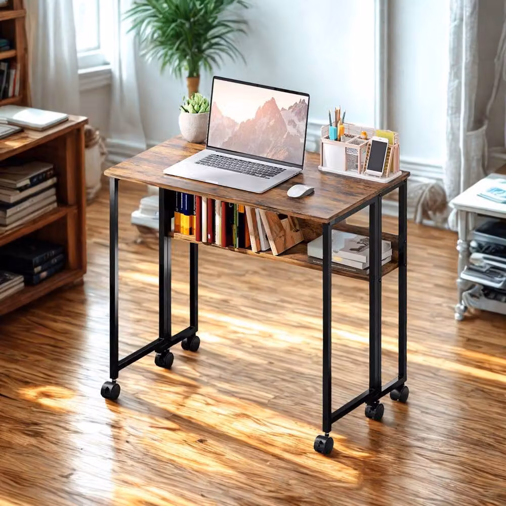 FURNOS Industrial Drop Leaf Extendable Computer Writing Desk with Wheels, Brown – 2