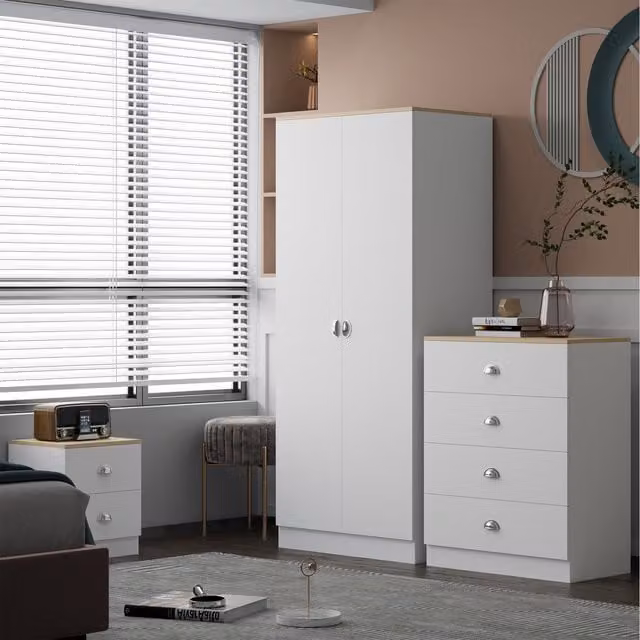 FWStyle 2 Door Matt White Wardrobe with Light Oak Top
