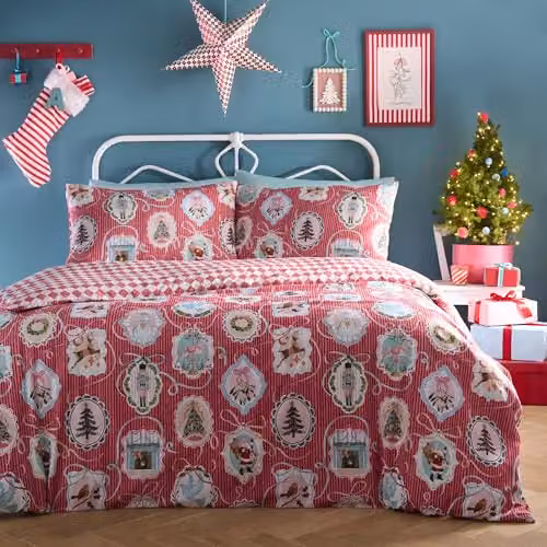 Fusion Christmas Vintage Frames Red Animal Print Duvet Cover Set, W/D/H: 260 x 220 cm