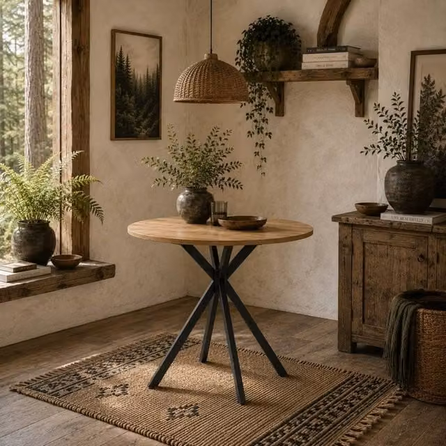 Wyld Haus Mihafi Industrial Round Dining Table, Oak Effect Top with Black Metal X-Frame, Diameter: 80 cm, Height: 75 cm – 1