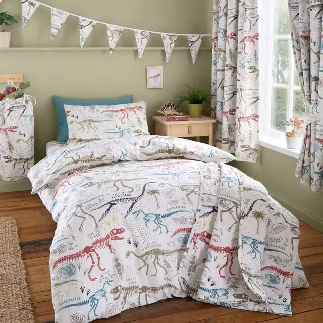 Happy Linen Company Dino Explorer Dinosaur T-Rex Reversible Duvet Cover and Pillowcase Set, Multicolour, W: 140 cm, H: 200 cm