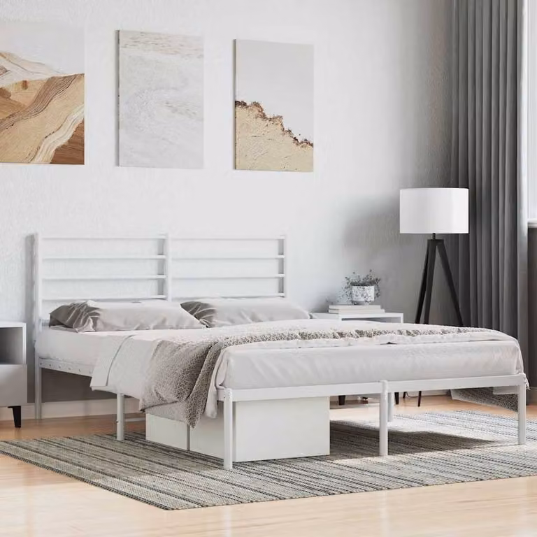 Berkfield Home Metal Bed Frame with Headboard in White, W/D/H: 120 x 200 cm