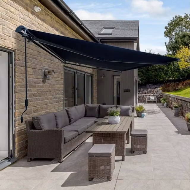 JSH Manual Retractable Crank Operated Showerproof Patio Awning in Grey, Width: 300 cm