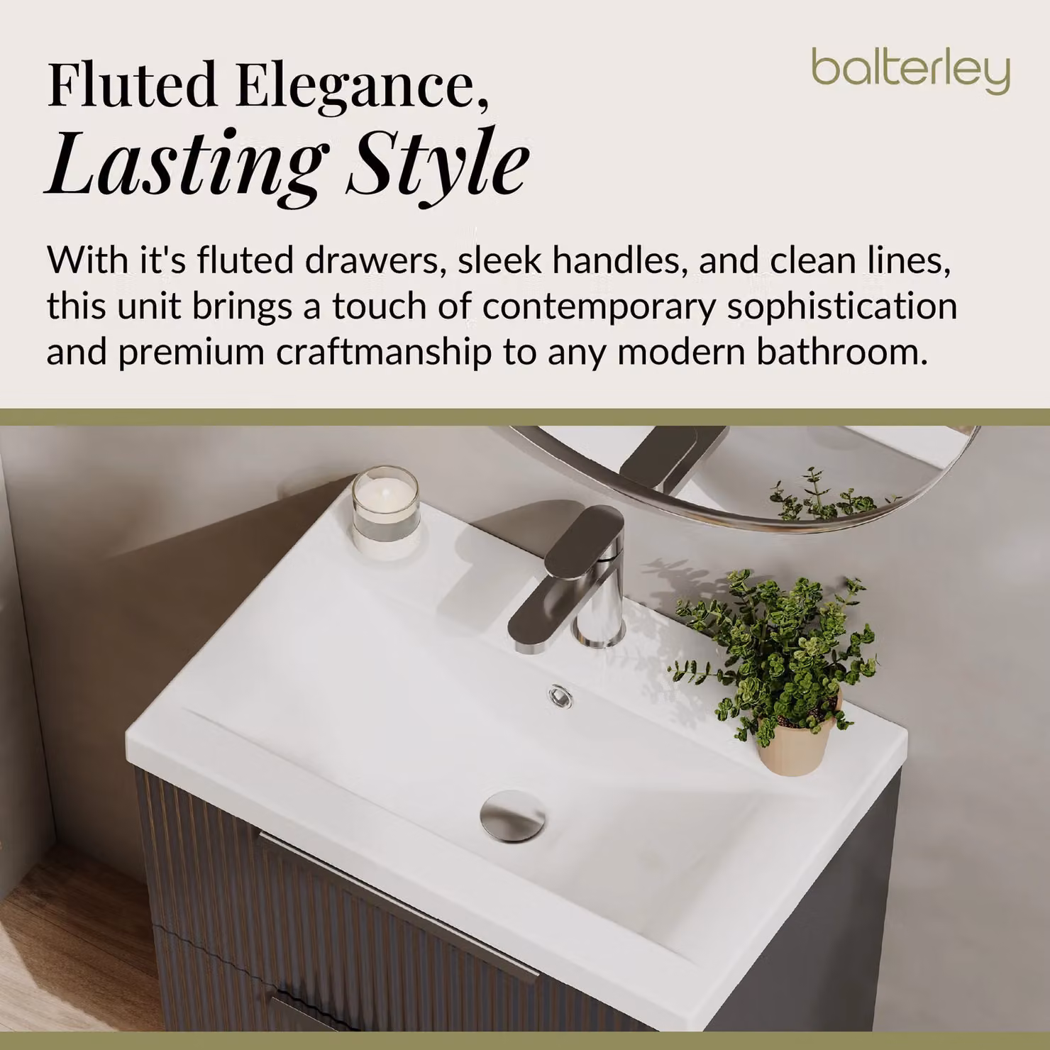 Balterley Fluted Wall Hung 2 Drawer Vanity Basin Unit and Basin, Dark Grey, Width: 600 mm – 3