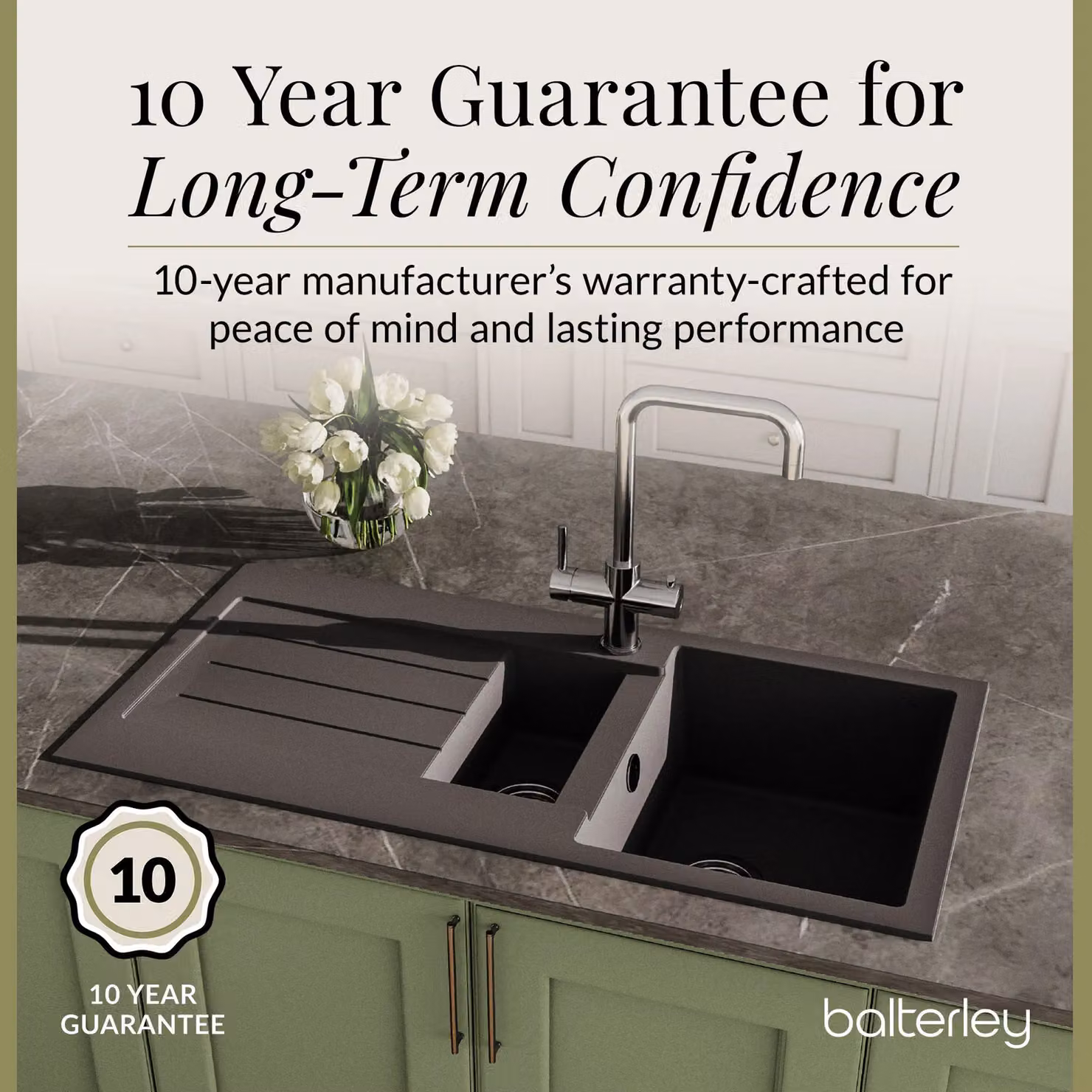 Balterley 1.5 Bowl Granite Composite Kitchen Sink with Drainer and Overflow, Matt Grey, W: 100 cm – 4