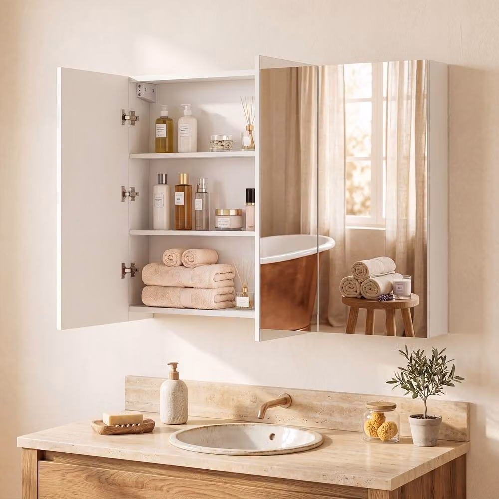 Costway White Wall Mounted Bathroom Mirror Cabinet with 3 Soft Close Glass Doors – 2