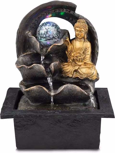 GEEZY Black and Gold Buddha Indoor Tabletop Water Fountain with Multicolour LED Lights