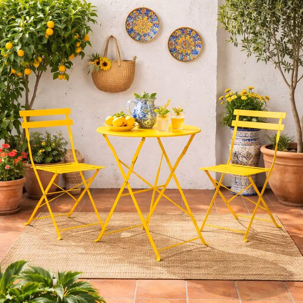 Marco Paul 3 Piece Folding Outdoor Bistro Set in Yellow Matt Powder Coated Steel – 3