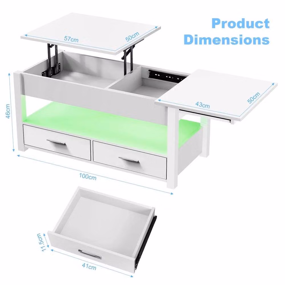 EONLION White LED Lift Top Coffee Table with Drawers – 2
