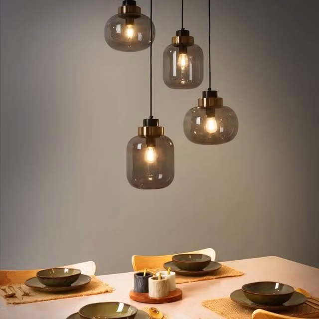 Wyld and Coco Four-Light Industrial Pendant Light with Grey Glass Shades and Black Metal Frame