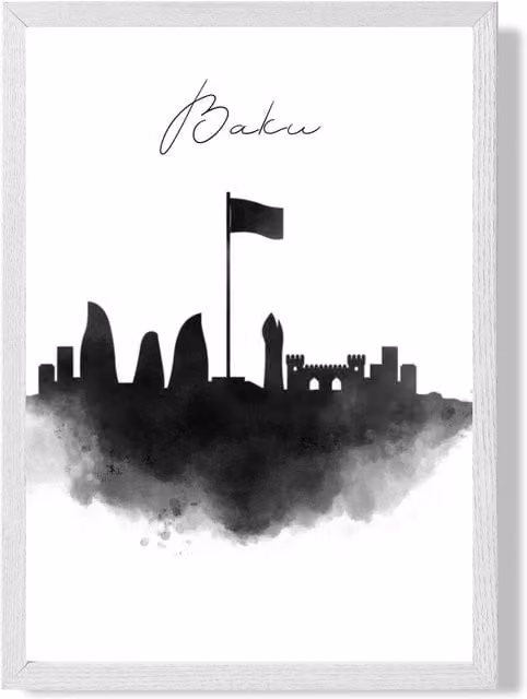 ARTZE Baku Watercolour Skyline City Framed Print in Black and White, A3