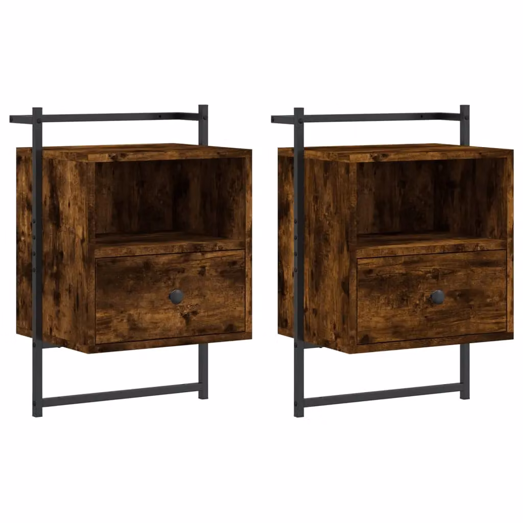 Berkfield Home Set of 2 Wall-mounted Bedside Cabinets in Smoked Oak Brown, W/D/H: 40 x 30 x 61 cm – 2