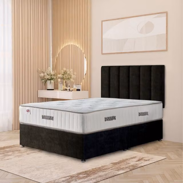 Somnior Beds Ltd Austin Plush Velvet Orthopaedic Divan Bed Set with Hybrid Mattress and Headboard in Black, W/D/H: 140 x 200 cm