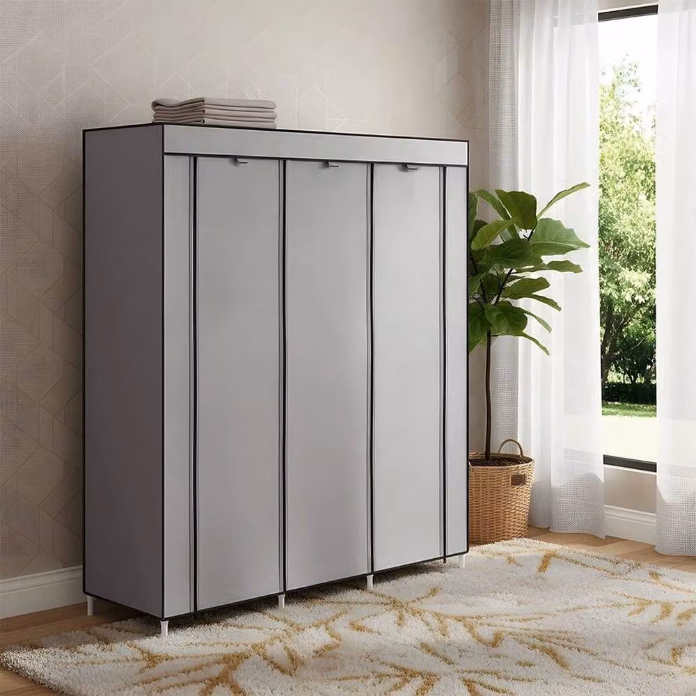 EONLION Grey 3-Door Portable Fabric Wardrobe with Internal Shelves, W/D/H: 100 x 100 x 165 cm – 3