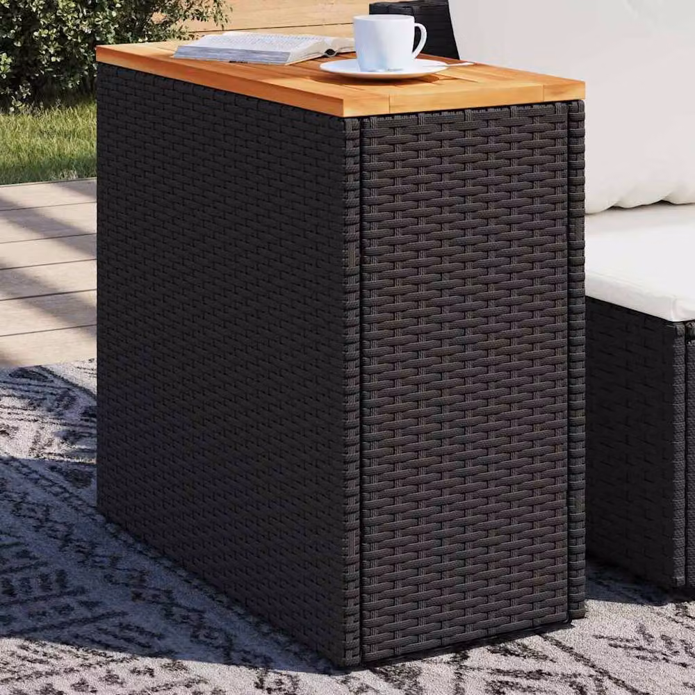 Berkfield Home Garden Side Table with Black Poly Rattan and Oiled Acacia Wood Top, W/D/H: 58 x 27.5 x 55 cm – 2