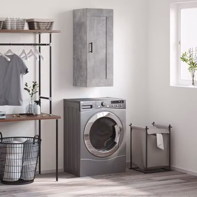 Berkfield Home Wall Mounted Cabinet in Concrete Grey, W/D/H: 34.5 x 34 x 90 cm