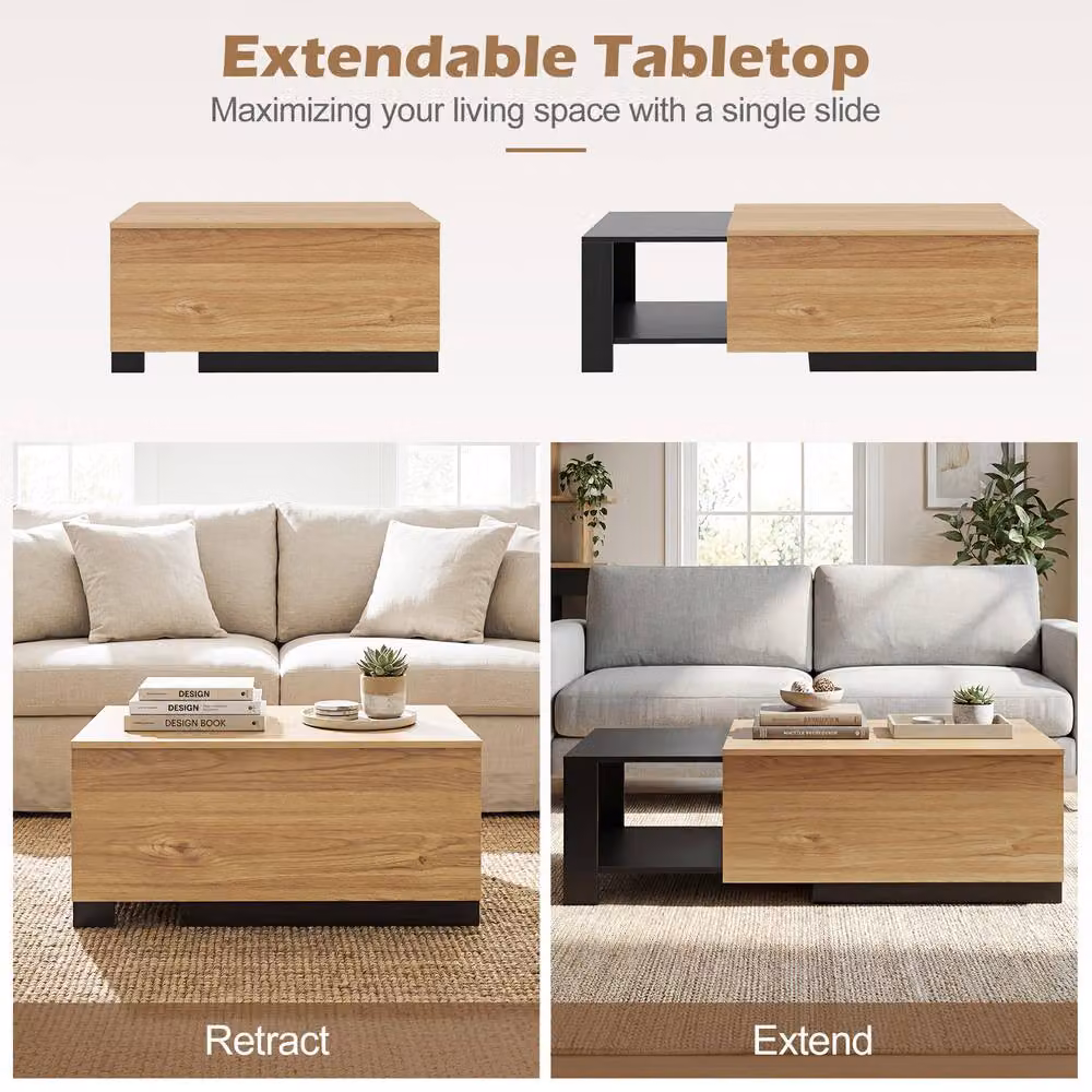 Gymax Extendable Modern Rectangular Coffee Table with 2 Storage Compartments in Brown Wood – 5
