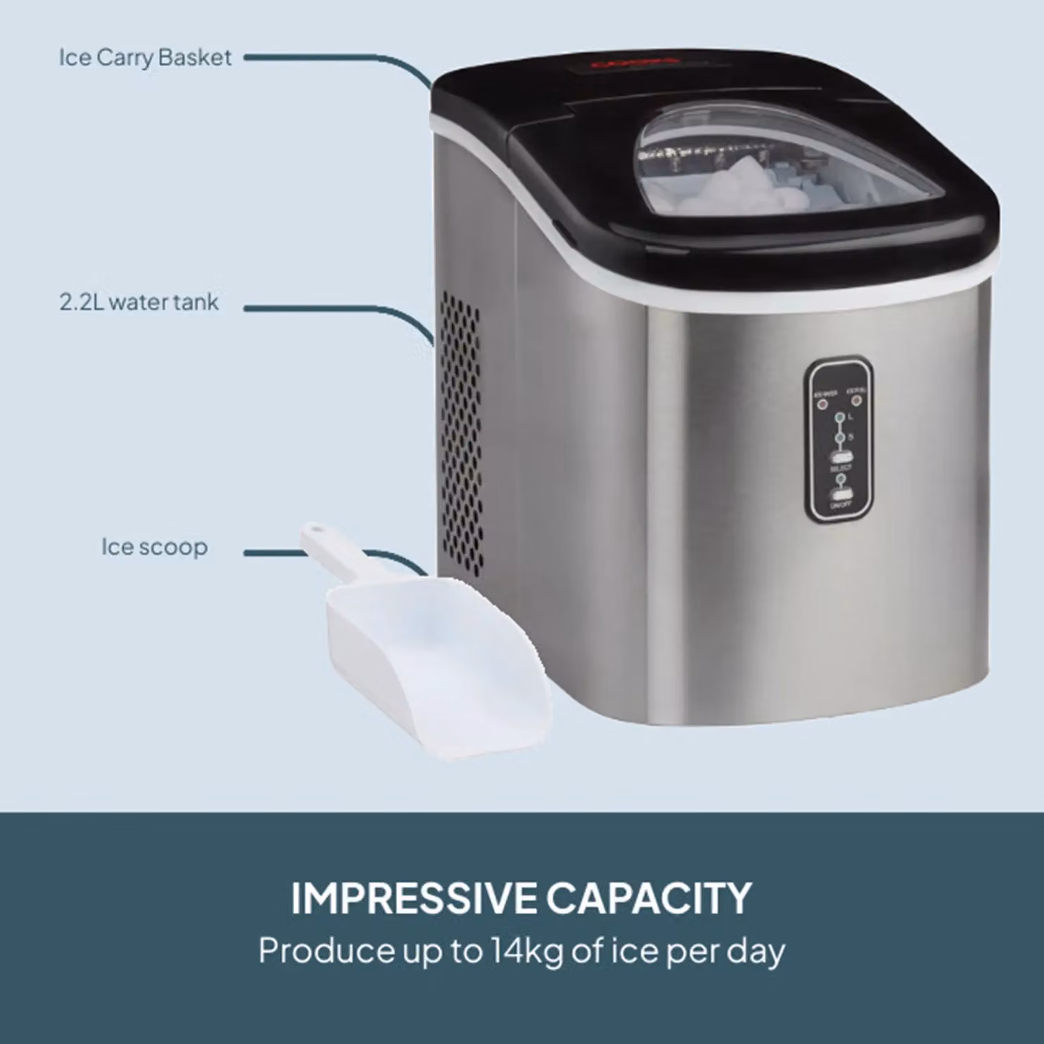 Cooks Professional Ice Maker Machine with Ice Scoop and 2.2L Tank, Produces 14kg Per Day in Metallic Silver – 5