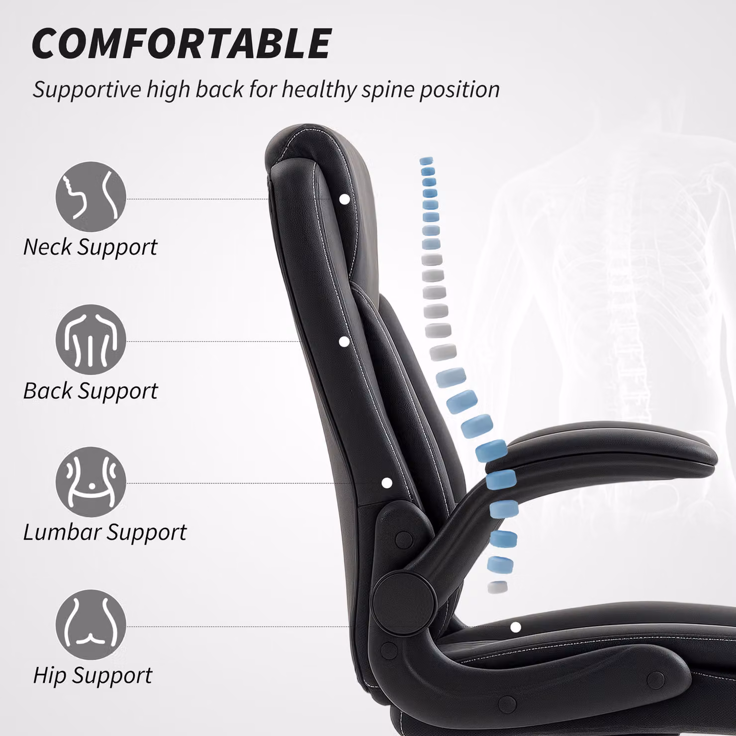 HOMCOM Black Faux Leather Office Task Chair with Flip-Up Armrests and Headrest – 5