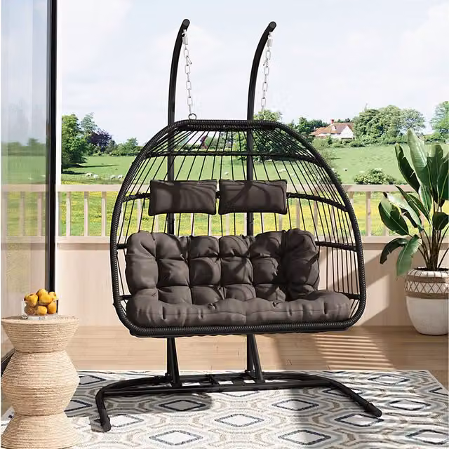 Livingandhome Modern Black Rattan Garden Hanging Egg Chair with Cushion