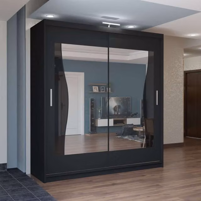 MN Furniture Basel Mirror Sliding Wardrobe with LED Lighting in Black, W: 203 cm, H: 217 cm