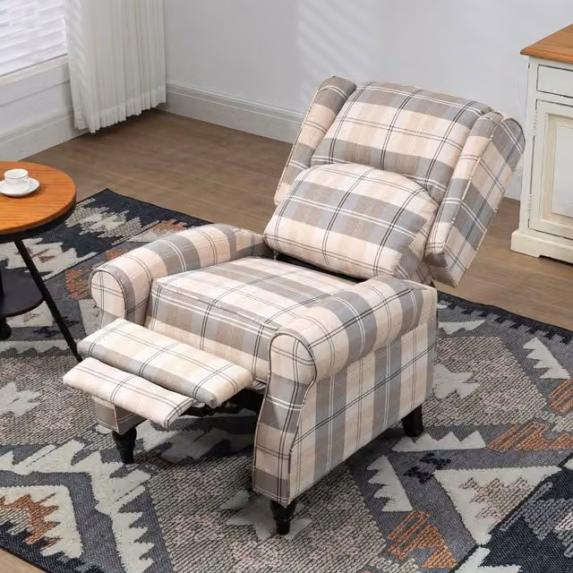HOMCOM Khaki Fabric Wingback Recliner Armchair with Integrated Footrest and Armrests