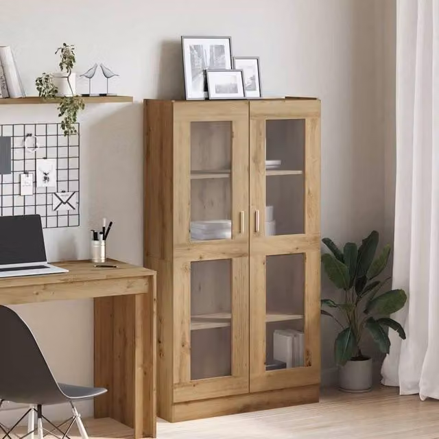 Berkfield Home Artisan Oak Highboard in Brown with Glass Doors, W: 82.5 cm, D: 30.5 cm, H: 150 cm – 1