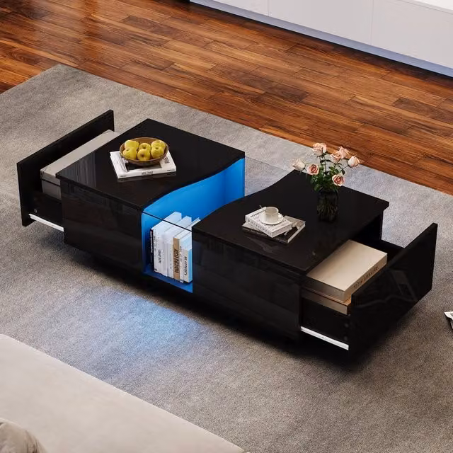Merax Modern High Gloss LED Coffee Table with 2 Drawers and Acrylic Top in Black, W/D/H: 100 x 50 x 35 cm – 1